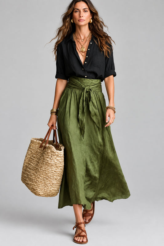 Vera™ | Set di Due Pezzi: Top Nero e Gonna Midi Verde Oliva