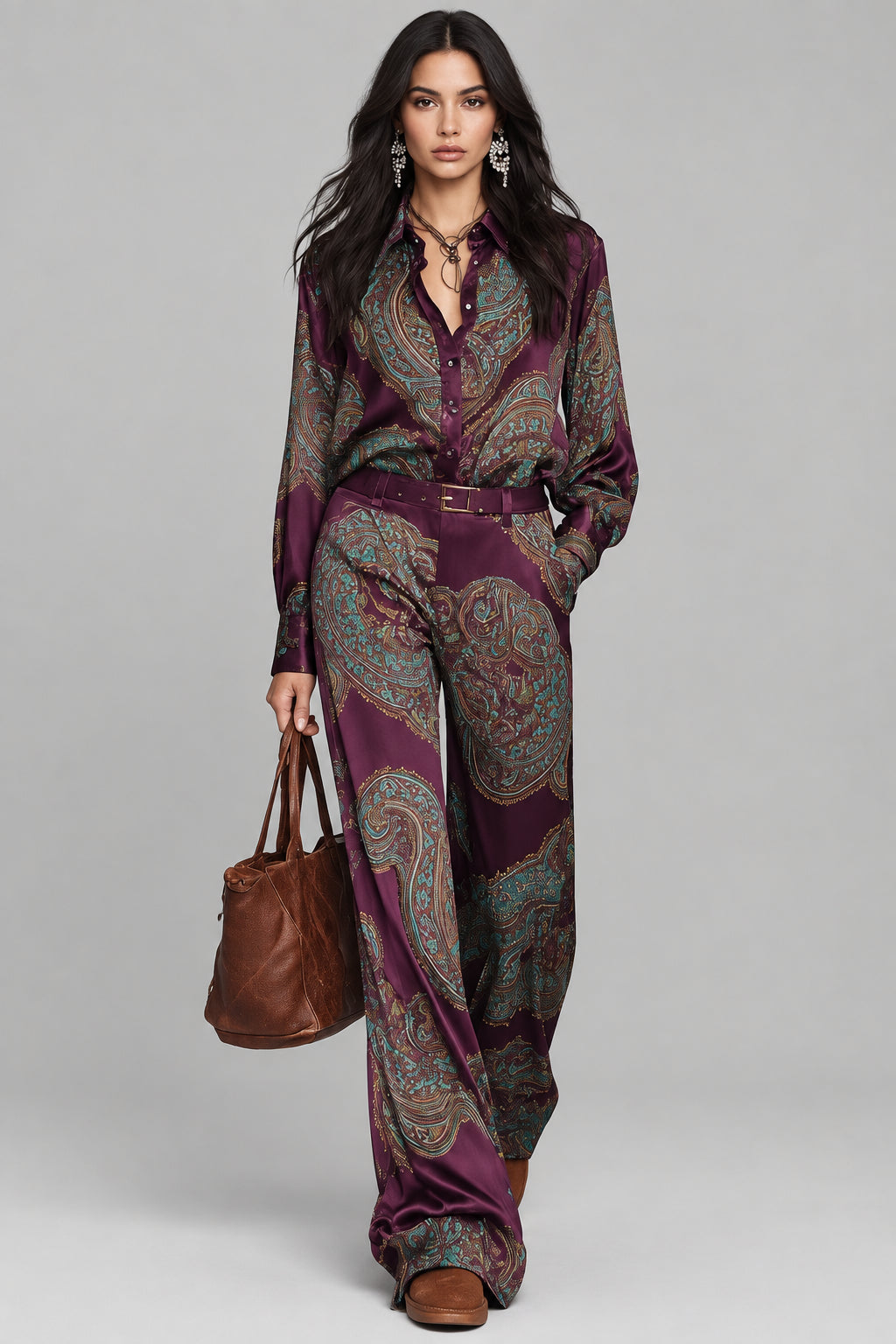 Alicce Completo di Camicia a Maniche Lunghe in Satin con Stampa Paisley